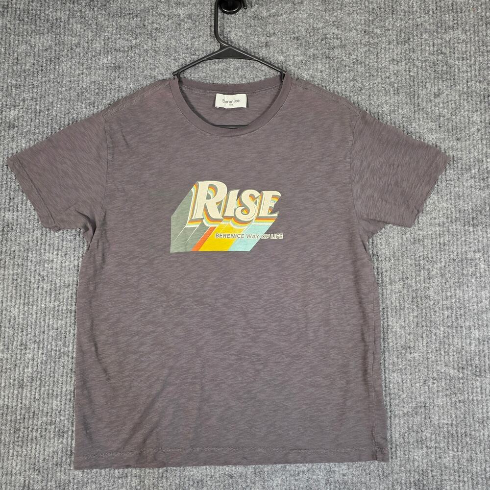 Berenice Paris‎ Rise Graphic Tee Medium Gray Slub Knit Rainbow Logo T-Shirt